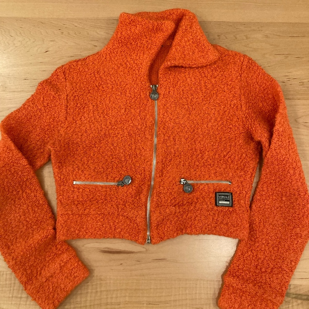 Versace Jeans Collection 90’s Vibrant Orange Boucle Rider Sweater Jacket XS